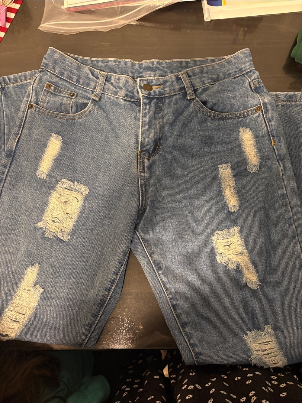 High-Rise Distressed Boyfriend Jeans - Blue